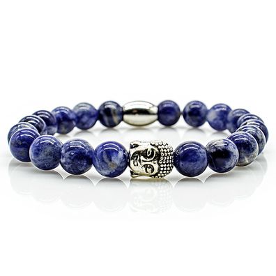Sodalith Armband Bracelet Perlenarmband Buddhakopf silber blau 8mm Edelstahl