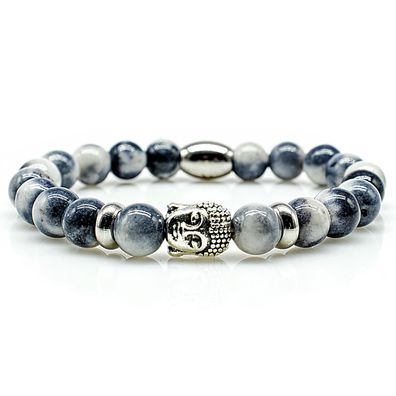 Jade Armband Bracelet Perlenarmband Buddhakopf silber weiß blau 8mm Edelstahl