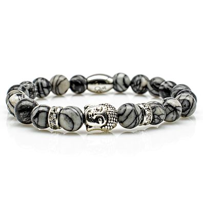 Netstone Armband Bracelet Perlenarmband Buddhakopf silber 8mm Edelstahl Strass