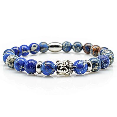 Jaspis Armband Bracelet Perlenarmband Buddhakopf silber 8mm blau Edelstahl
