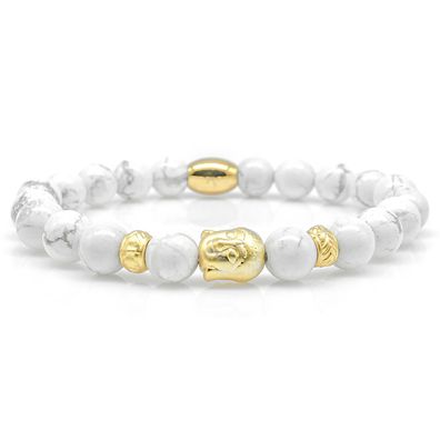 Howlith Armband Bracelet Perlenarmband Buddha 24k vergoldet weiß 8mm Edelstahl