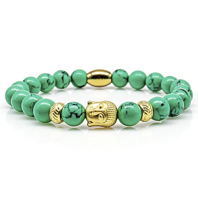 Türkis Armband Bracelet Perlenarmband Buddha24k vergoldet grün 8mm Edelstahl