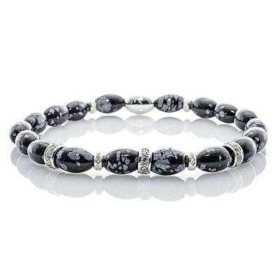 Obsidian 925 Sterling Silber Armband Bracelet Perlenarmband Snowflake CZ Steine