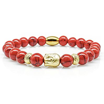 Türkis Armband Bracelet Perlenarmband Buddhakopf 24k vergoldet Rot 8mm Edelstahl