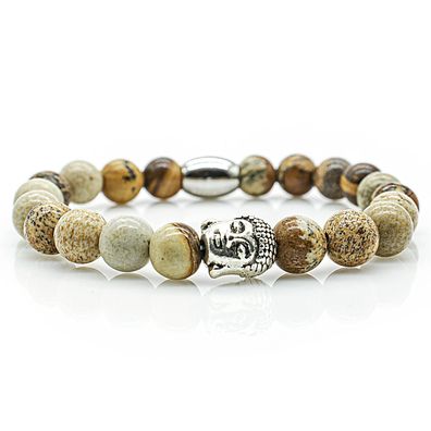 Jaspis Armband Bracelet Perlenarmband Buddhakopf silber beige 8mm Edelstahl