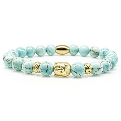 Türkis Armband Bracelet Perlenarmband Buddha 24k vergoldet 8mm Edelstahl Perlen