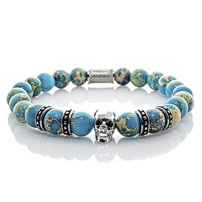 Jaspis Armband Bracelet Perlenarmband Totenkopf silber blau 8mm Edelstahl