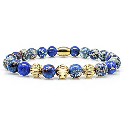 Jaspis Armband Bracelet Perlenarmband 24k vergoldet Beads 8mm blau Edelstahl