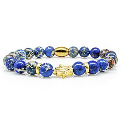 Jaspis Armband Bracelet Perlenarmband Fatima 24k vergoldet blau 8mm Edelstahl