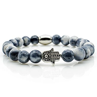 Jade Armband Bracelet Perlenarmband Fatima Hand silber weiß blau 8mm Edelstahl