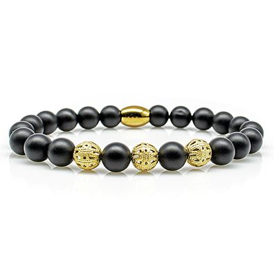 Onyx Armband Bracelet Perlenarmband Beads Kugel 24k vergoldet schwarz matt 8mm
