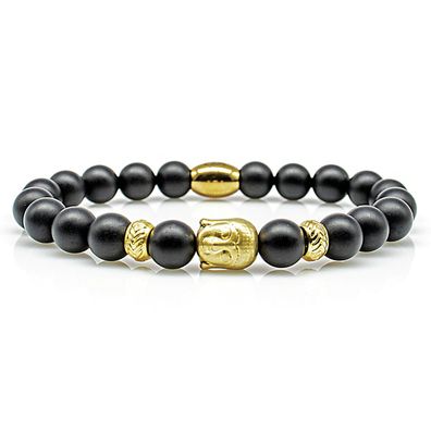 Onyx Armband Bracelet Perlenarmband Buddhakopf 24k vergoldet schwarz matt 8mm