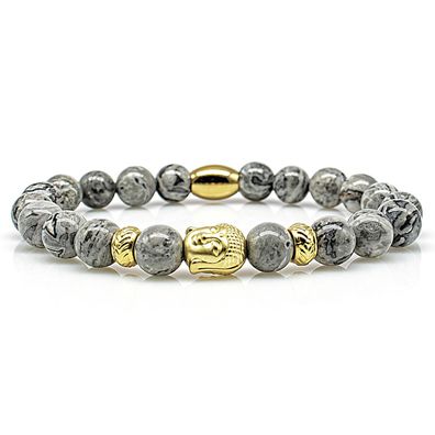 Jaspis Armband Bracelet Perlenarmband Buddha 24k vergoldet grau 8mm Edelstahl