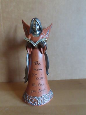 Figur Engel mit Buch braunes Kleid darauf ein Spruch in englisch Nemesis Now