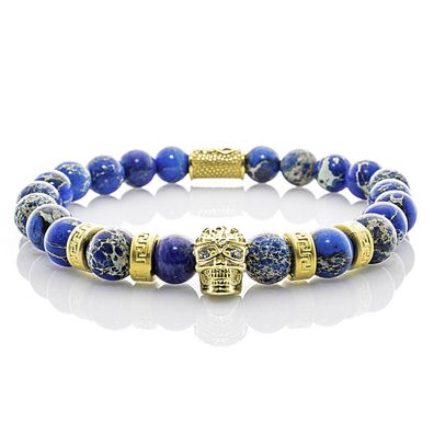 Jaspis Armband Bracelet Perlenarmband Totenkopf 24k vergoldet blau 8mm Edelstahl