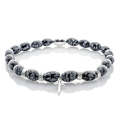 Obsidian 925 Sterling Silber Armband Bracelet Perlenarmband Snowflake Anhänger