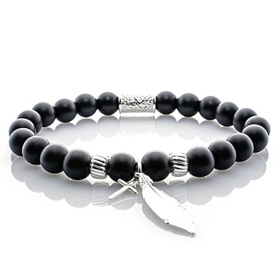 Onyx 925 Sterling Silber Armband Bracelet Perlenarmband Anhänger schwarz matt