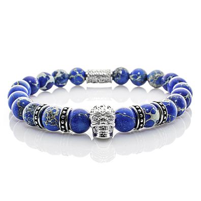Jaspis Armband Bracelet Perlenarmband Totenkopf silber 8mm blau Edelstahl
