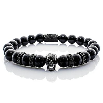 Onyx Armband Bracelet Perlenarmband Totenkopf schwarz schwarz 8mm Edelstahl