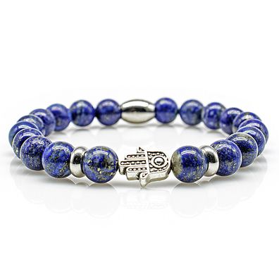 Lapislazuli Armband Bracelet Perlenarmband Fatima Hand silber blau 8mm Edelstahl