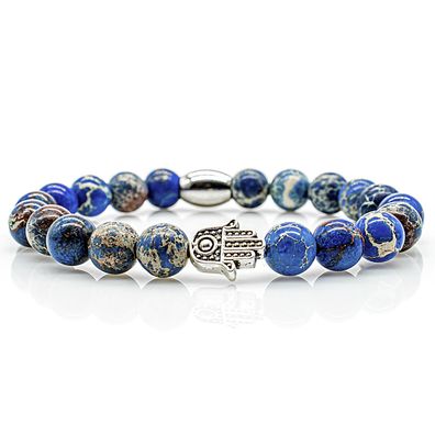 Jaspis Armband Bracelet Perlenarmband Fatima Hand silber 8mm blau Edelstahl