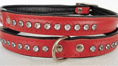 Hundehalsband - Halsband, Halsumfang 25-30cm, Echt Leder + Strass, Zirkonia Rot