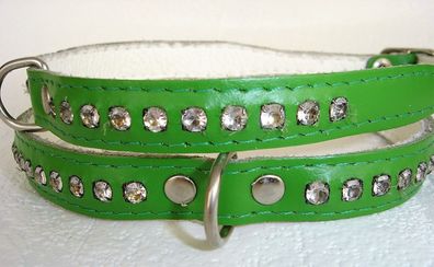 Hundehalsband - Halsband, Halsumfang 22-28 cm, Leder + GRÜN + Strass (19.01)