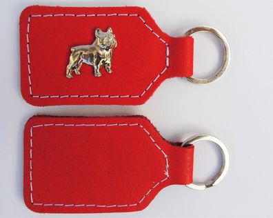 Französische Bulldogge - Schlüsselanhänger Metallaplikationen, Echt LEDER - ROT