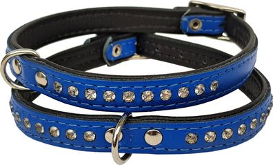 Hunde Halsband - Strass, Halsumfang 22-27 cm °BLAU° Echt Leder