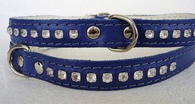 Hundehalsband - Halsband, Halsumfang 22-27cm, Echt LEDER + Strass; BLAU; neu 137