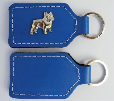 Französische Bulldogge - Schlüsselanhänger Metallaplikationen, Echt LEDER - BLAU