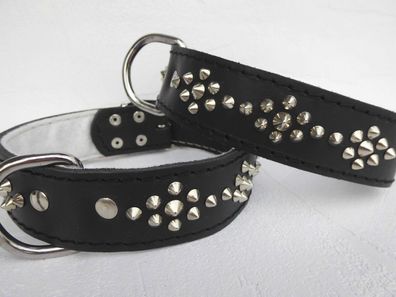 LEDER Halsband - Hundehalsband, NIETEN Schwarz, Halsumfang 51-65cm, NEU (7-00)