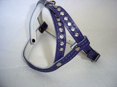 Hundegeschirr - Geschirr, Brustumfang 30-36 cm, Leder + Strass + Violett, (17-3-209)