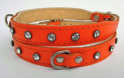 Hundehalsband - Halsband, Halsumfang 29-33cm; Leder + Kristallen + Orange
