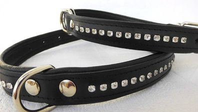 Hunde Halsband, Halsumfang 37-47cm/20mm, Leder + Strass Zirkonia °Schwarz (377)
