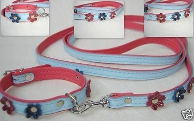 Hundeleine(130cm)+ Halsband (Halsumfang 21-27) mit Blumchen, Leder Blau-Pink