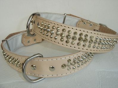 LEDER Halsband - Hundehalsband, NIETEN NATUR, Halsumfang 51-65cm, NEU (750)