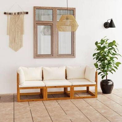 3-Sitzer-Gartensofa mit Auflage Creme Akazie Massivholz