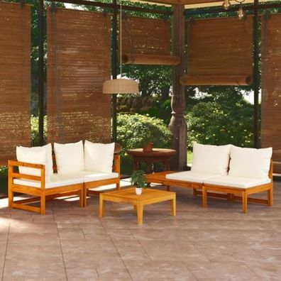 4-tlg. Garten-Lounge-Set mit Cremeweißen Kissen Akazienholz