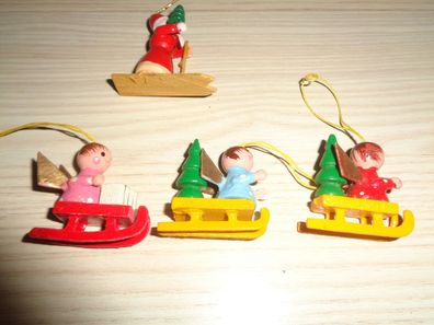 Baumbehang aus Holz-3 Engel mit Schlitten und 1 Weihnachtsmann