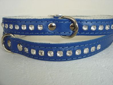 Hundehalsband - Halsband, Halsumfang 30-38 cm, LEDER + Strass + BLAU (PL.13-3-2-15)