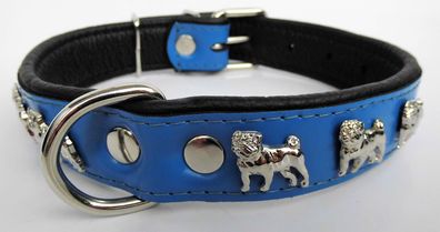 MOPS Hundehalsband - Halsband, Halsumfang 30-38cm/30mm, LEDER + BLAU (725)