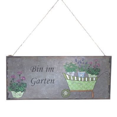 Blechschild, Wandschild, Bin im Garten, Gartenschild 13x31 cm