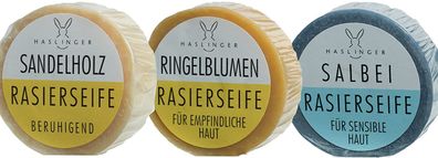 Haslinger Rasierseife Vorteilsset 3 x 60g Salbei - Sandelholz - Ringelblumen