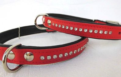 Hunde Halsband, Halsumfang 40-50cm/25mm, Leder + Strass, ROT