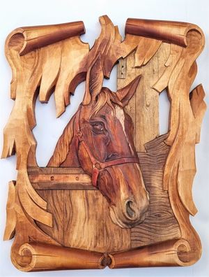 Holz Bild Pferdekopf Wandrelief Schnitzerei Handarbeit Massivholz 33x42cm