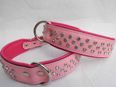 Hunde Halsband, Halsumfang 60-71cm/50mm, LEDER + Kristallen Neu Rosa-Pink