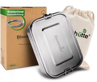 Blockhütte Brotdose Premium 1200 ml Lunchbox Edelstahl Brotzeitbox mit Trennwand