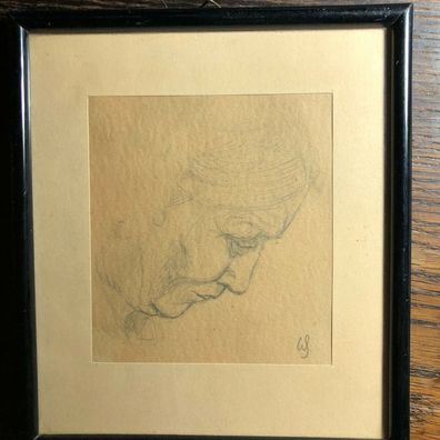 Feine , meisterliche Bleistiftzeichnung einer alten Dame - Größe 21 x 18 cm