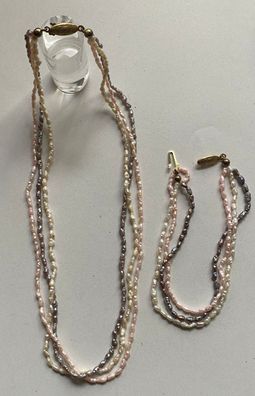 Halskette und passendes Armband - Tricolor Perlmuttperlen - 835er Silberschließe